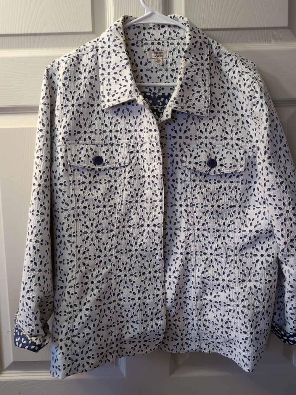 Eyelet Pattern White & Navy Jean Jacket